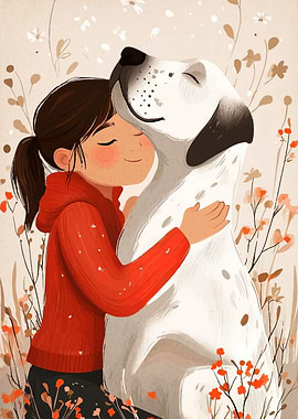 Girl Hugging Dog in Floral Setting