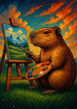 Capybara Painting Landscape on Easel