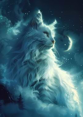 Celestial White Cat in Moonlight