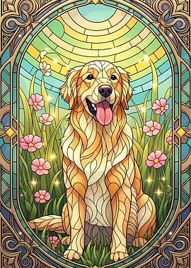Stained Glass Golden Retriever Portrait