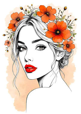 Floral Woman Portrait with Vibrant Orange Blossoms