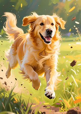 Happy Golden Retriever Running in Field