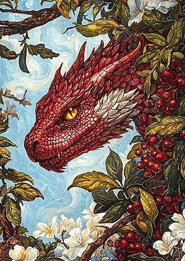 Red Dragon in Floral Canopy