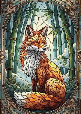 Fox in Bamboo Forest Stained Glass