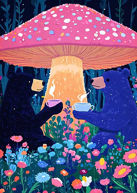 Bears' Tea Party Under Giant Mushroom