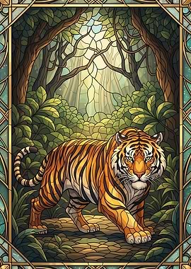 Tiger in Jungle Stained Glass Style