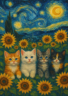Kittens in a Starry Night Field