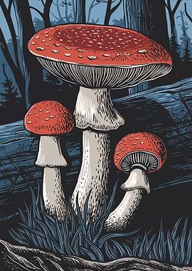 Amanita Mushrooms in Forest Illustration