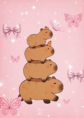 Capybara Stack with Butterflies and Bows