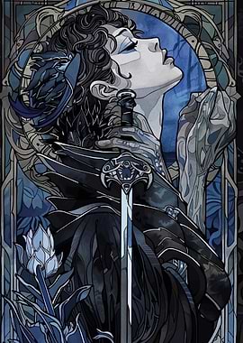 Blue Warrior Woman with Sword Art