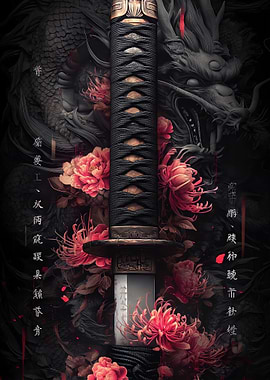 Floral Black Dragon Katana