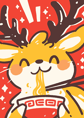 Cartoon Deer Eating Ramen Illustration
