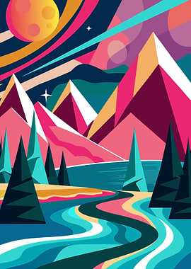 Abstract Cubist-Inspired Mountain & River Landscape Metal Print Art