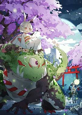 Anime Girl Lizard and Cherry Blossoms
