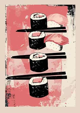 Sushi Art Print with Chopsticks vintage poster