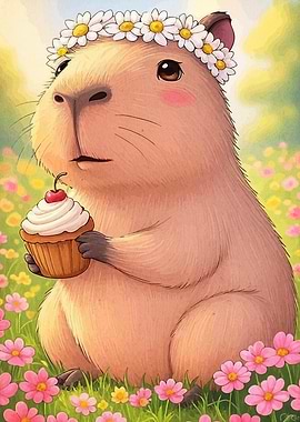 Capybara with Cupcake and Flower Crown