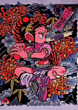 Anime Girl with Tiger Hair and Flowers