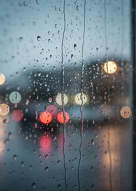 Raindrops on Glass with Blurred Lights
