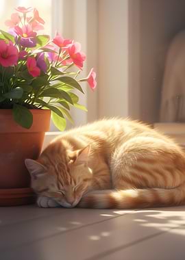 Sleeping Cat with Flowers