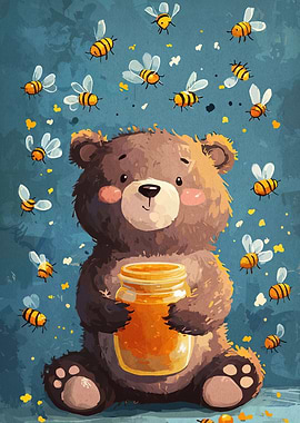 Bear with Honey Jar and Bees