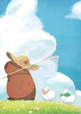 Capybara with Ducks in Cartoon Style