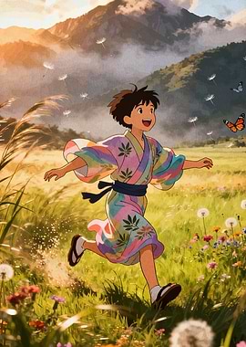 Boy Running in Field, Anime Style