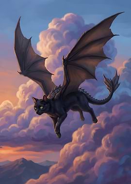 Winged Black Cat Flying in Clouds