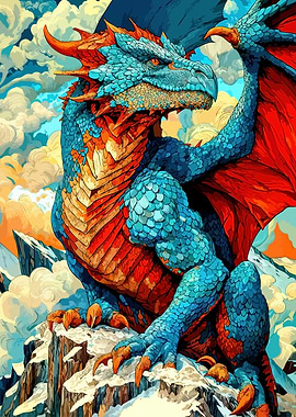 Blue and Red Dragon on Mountain