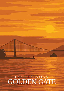 Golden Gate Bridge Sunset Poster: Vintage San Francisco Travel Illustration