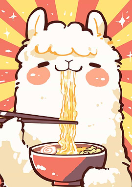 Cute Llama Eating Ramen Illustration