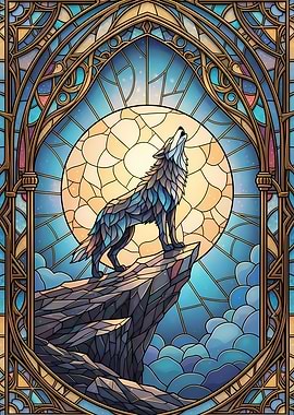 Stained Glass Wolf Howling at Moon