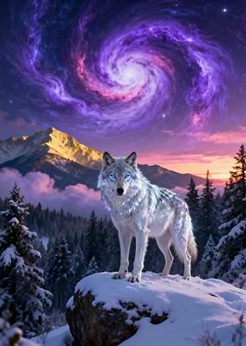Wolf in Winter Galaxy Landscape