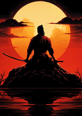 Samurai Silhouette Under a Full Moon