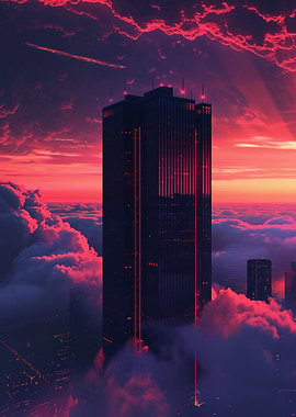 Skyscraper in Clouds at Sunset