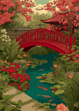Spring Garden with Red Bridge