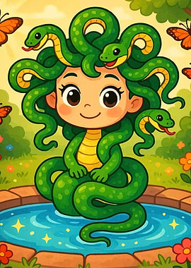 Cartoon Medusa Snakes and Pond