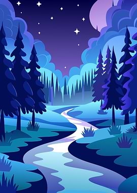 Night Forest River Landscape Illustration Metal Wall Print Art