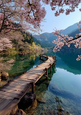 Spring Wooden Pier and Blossoms