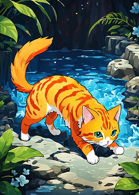 Orange Tabby Cat by Waterfall