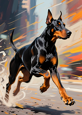 Doberman Running in Cityscape Painting