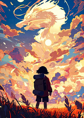 Child, Dragon, and Sunset Sky