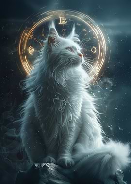 Mystical White Cat with Clock Aura
