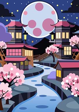 Japanese Village Night Scene with Cherry Blossoms Illustration Metal Wall Print Art