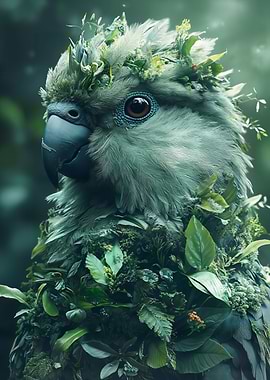 Parrot covered in plants and leaves