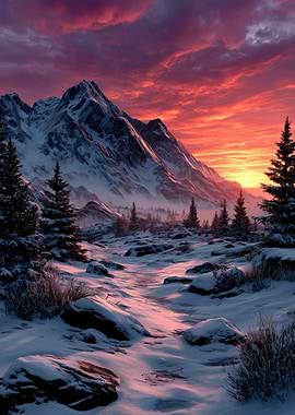 Snowy Mountain Sunset Landscape