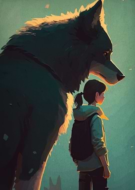 Girl and Wolf Companion Digital Art