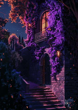 Nighttime Villa with Purple Flowers