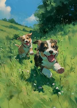 Two Happy Dogs Running in Field