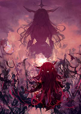 Anime Girl with Horns in Ruins