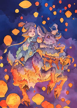Girl riding magical creature lanterns
